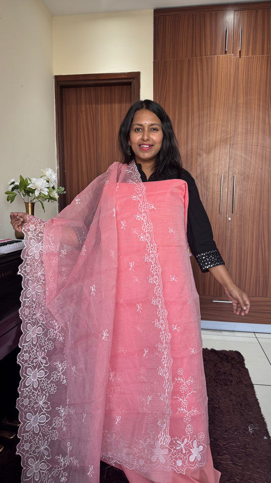 Gajri Pink Kota-Doria 3 Piece Suit Set with Applique Embroidery and Kota Doria Dupatta