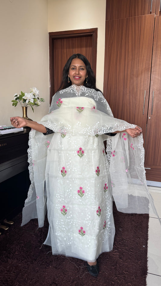 Ivory White Kota-Doria 3 Piece Suit Set with Flower Jaal Embroidery and Kota Doria Dupatta