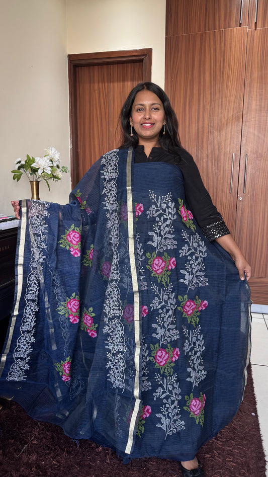 Royal Blue Kota-Doria 3 Piece Suit Set with Cross Stitch Embroidery and Kota Doria Dupatta