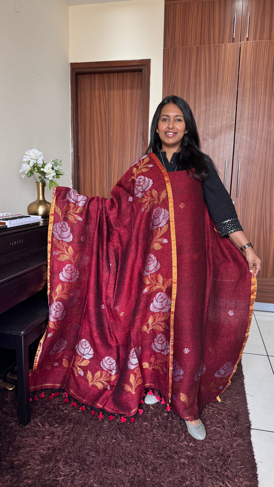 Deep Red Rose Buta Pure Jamdaani Linen with Sona-Chandi Zari Work 2 pc Suit Set