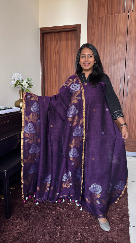 Purple Rose Buta Pure Jamdaani Linen with Sona-Chandi Zari Work 2 pc Suit Set