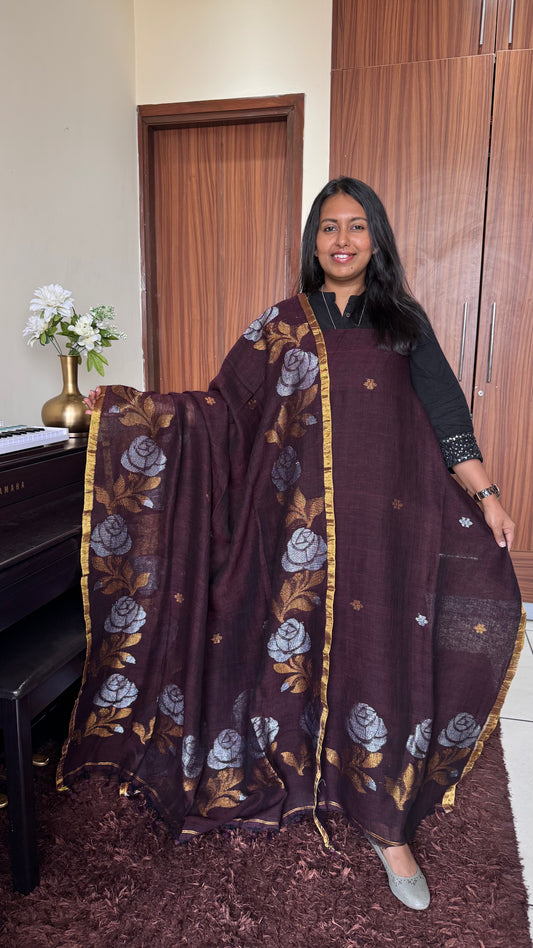 Wine Cola Rose Buta Pure Jamdaani Linen with Sona-Chandi Zari Work 2 pc Suit Set