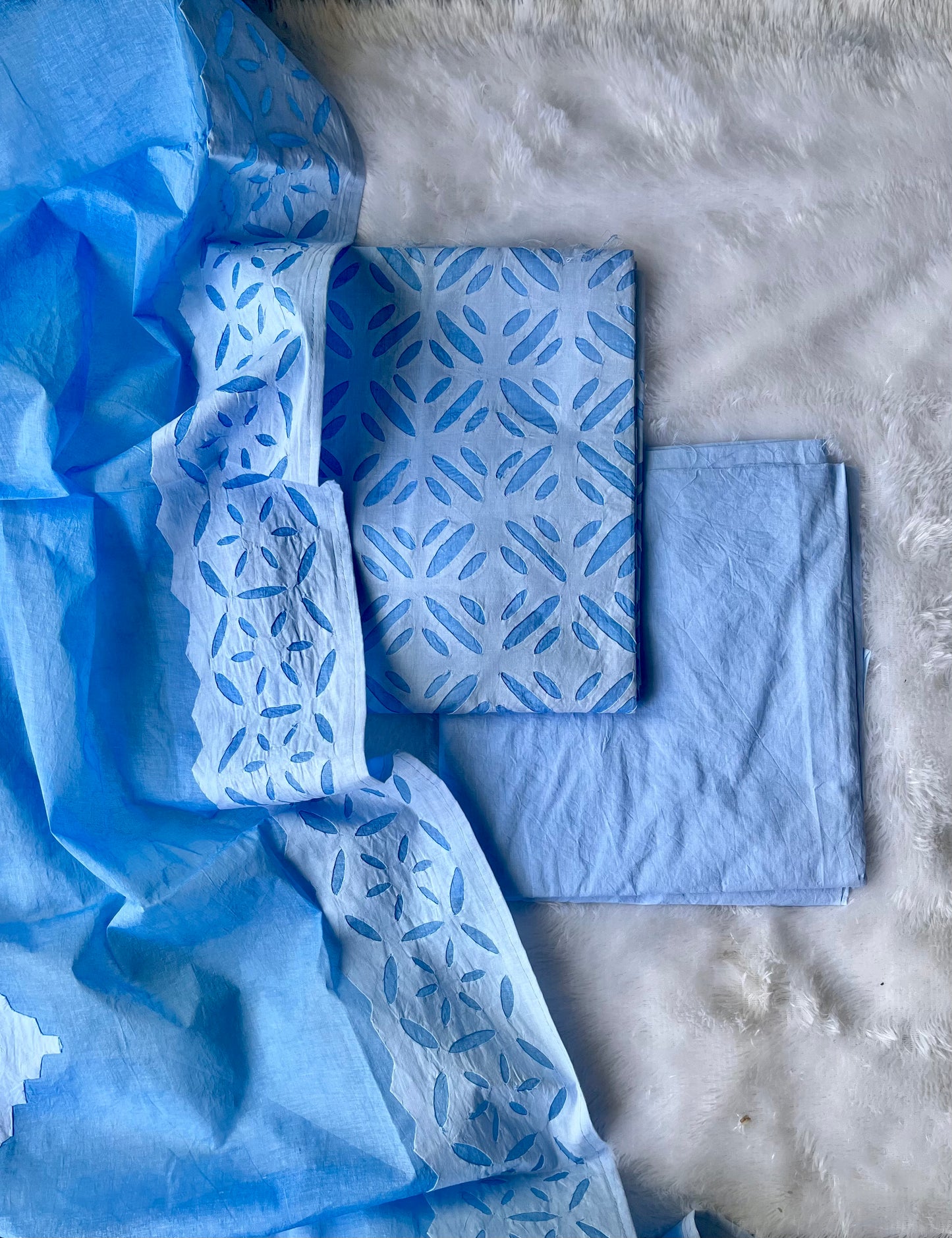 Cerulean Blue Barmer Applique Cut Work Cotton 3pc Suit Material Set