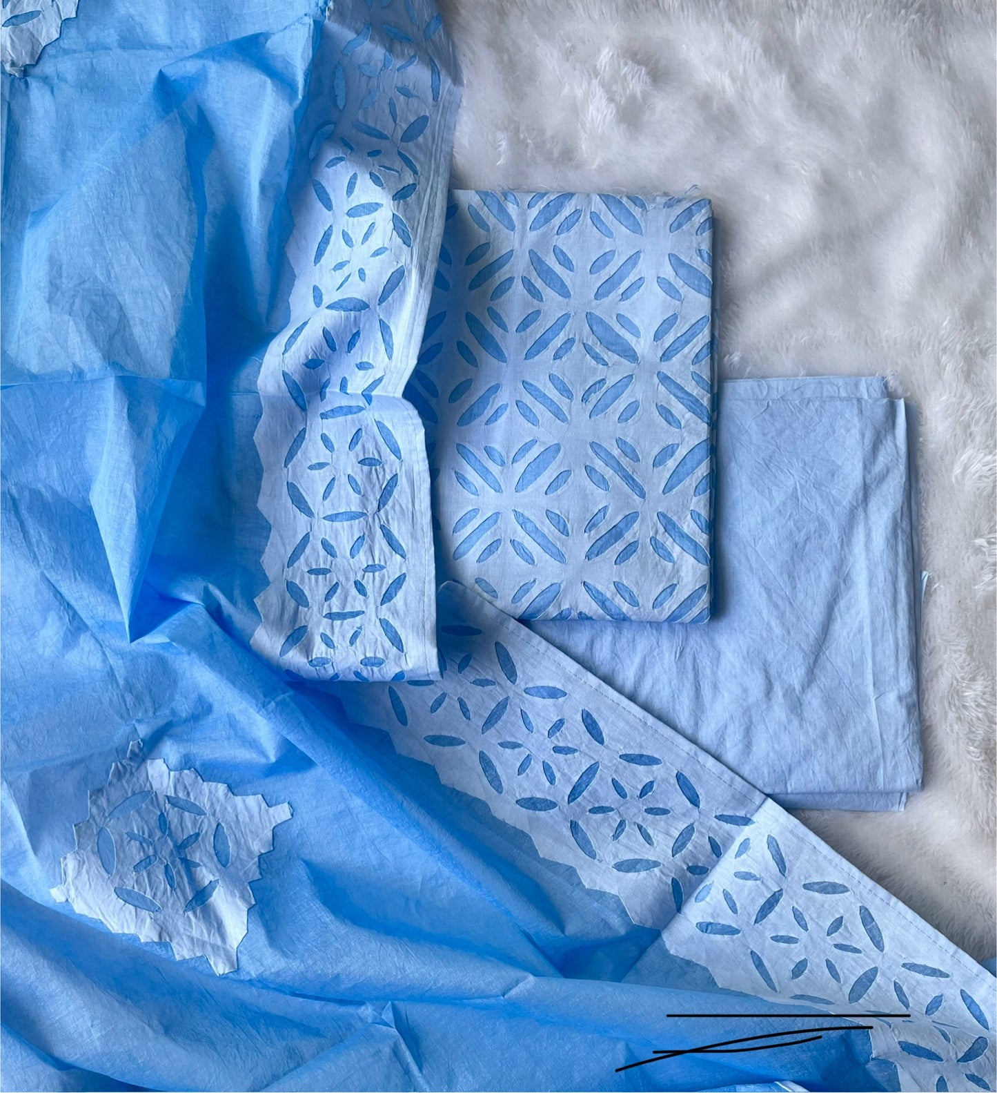 Cerulean Blue Barmer Applique Cut Work Cotton 3pc Suit Material Set