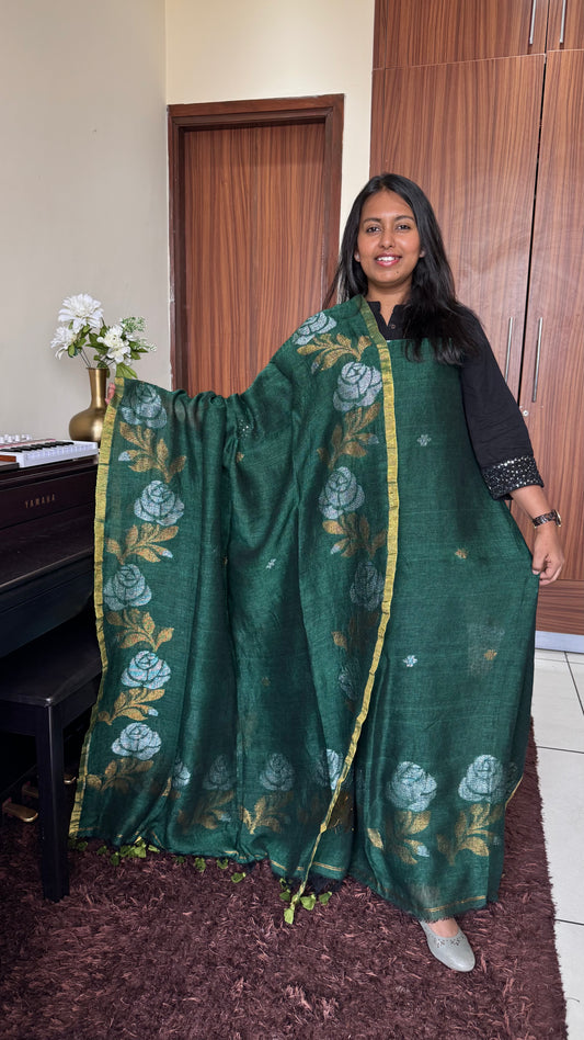Mint Green Rose Buta Pure Jamdaani Linen with Sona-Chandi Zari Work 2 pc Suit Set