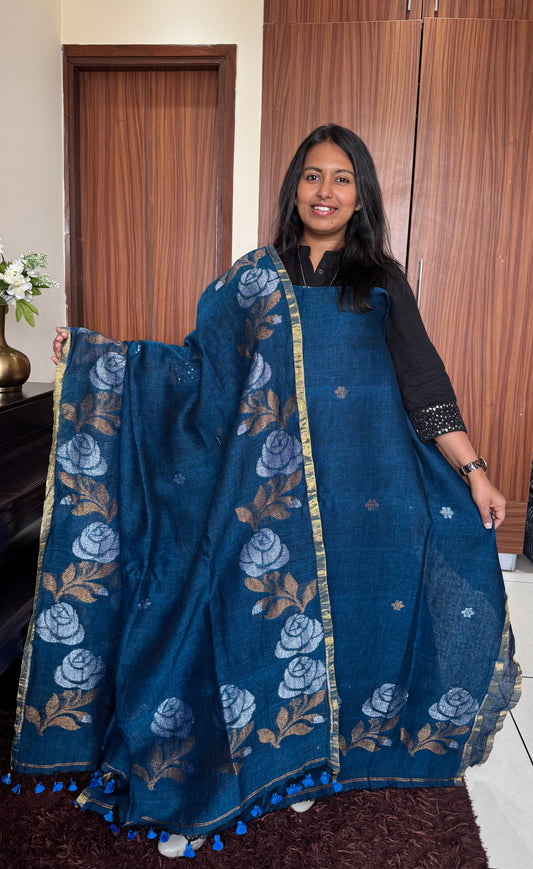 MorPankhi Blue Rose Buta Pure Jamdaani Linen with Sona-Chandi Zari Work 2 pc Suit Set