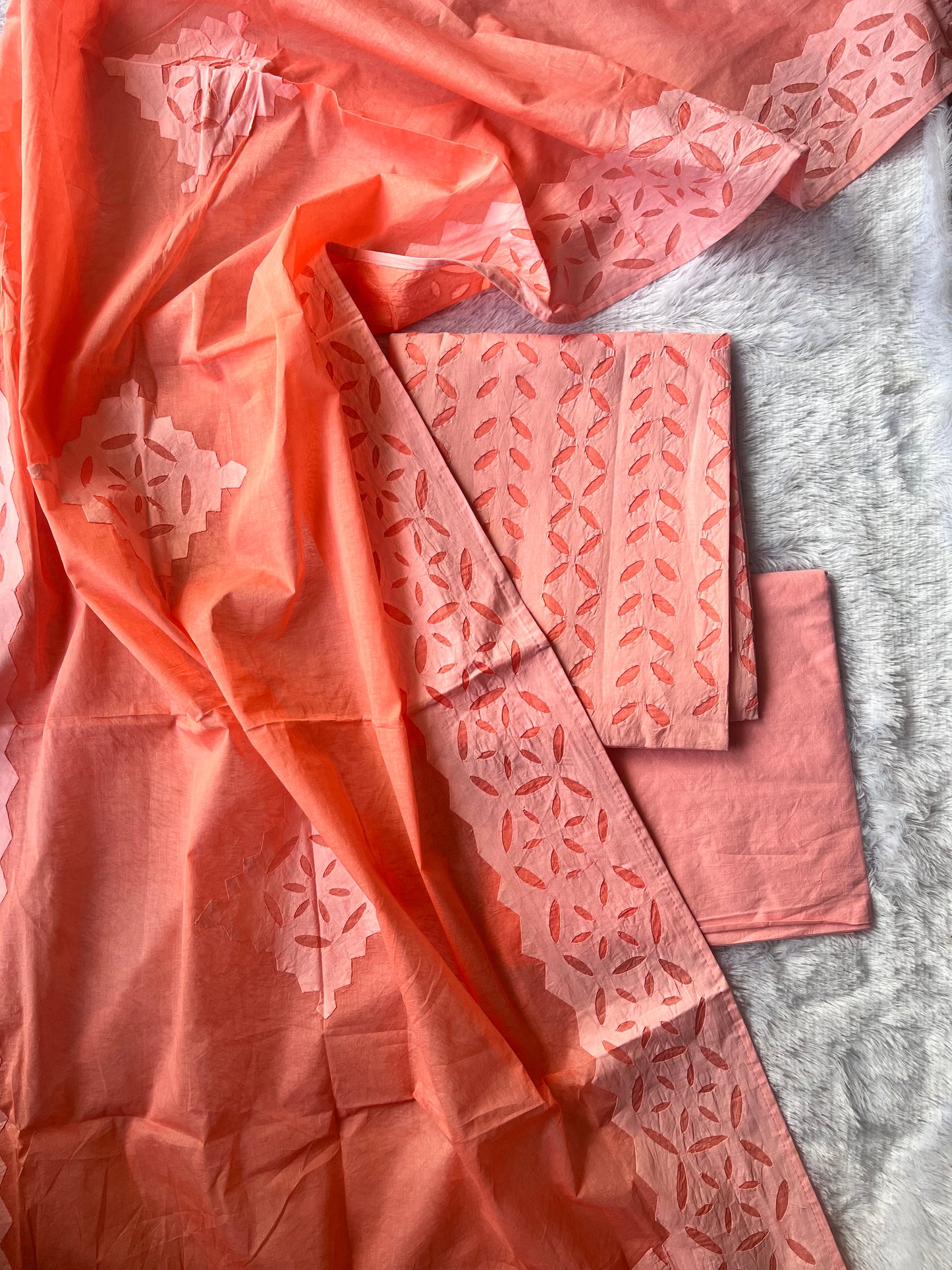 Peach Me Please Barmer Applique Cut Work Cotton 3pc Suit Material Set