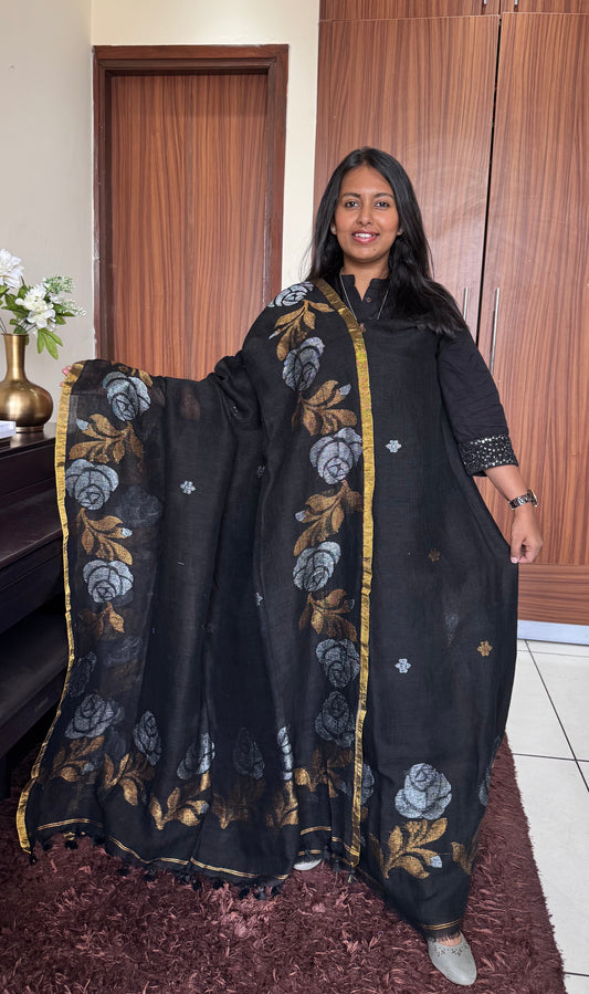 Black Rose Buta Pure Jamdaani Linen with Sona-Chandi Zari Work 2 pc Suit Set