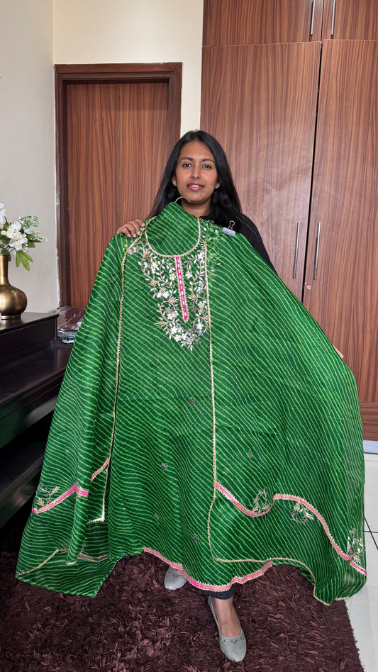 Green Lehariya Kota-Doria 3 Piece Suit Set with Gota Patti work and Kota Doria Dupatta