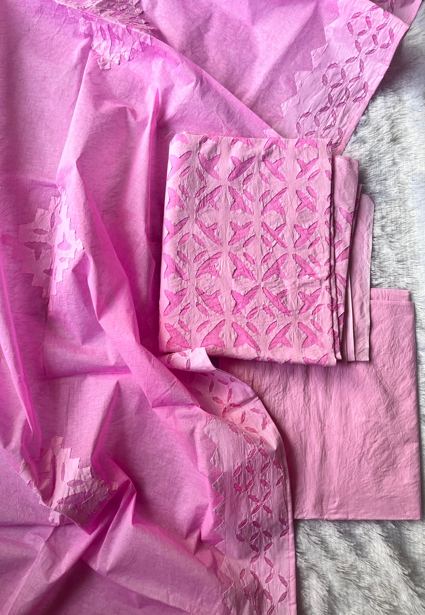 Baby Pink Barmer Applique Cut Work Cotton 3pc Suit Material Set