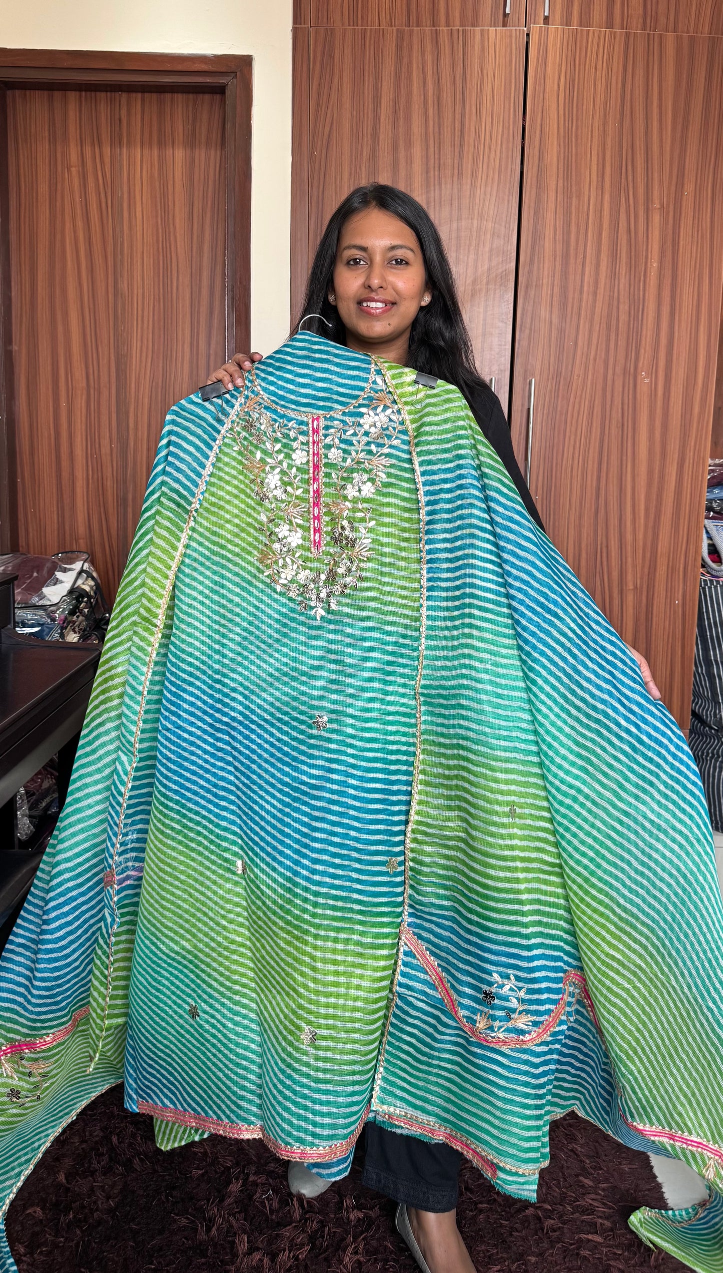 Aqua Blue Green Lehariya Kota-Doria 3 Piece Suit Set with Gota Patti work and Kota Doria Dupatta