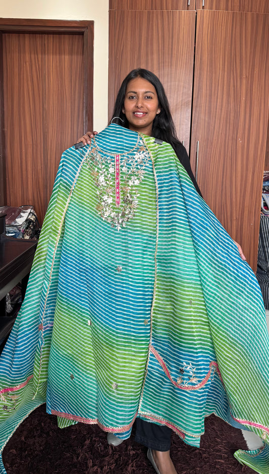Aqua Blue Green Lehariya Kota-Doria 3 Piece Suit Set with Gota Patti work and Kota Doria Dupatta