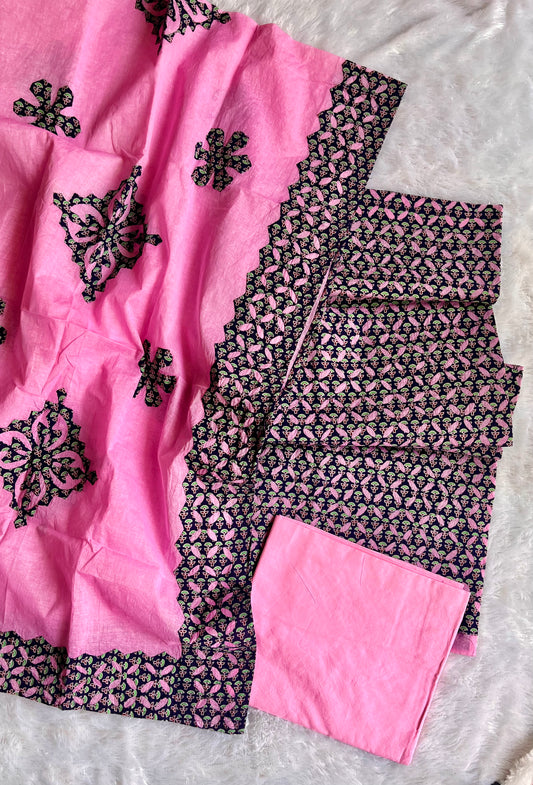 Lavendar and Pink Ajrakh Applique Cut Work Cotton 3pc Suit Material Set