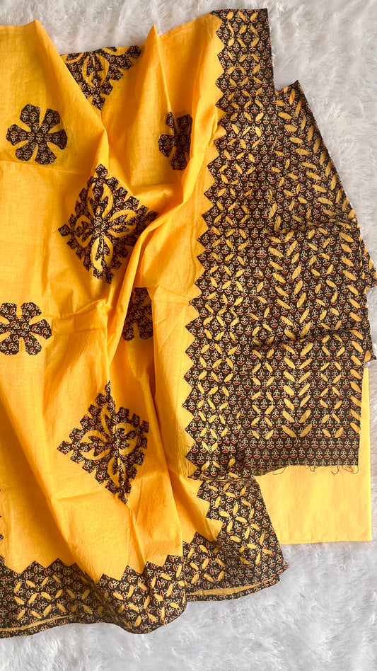 Custard Yellow Ajrakh Applique Cut Work Cotton 3pc Suit Material Set