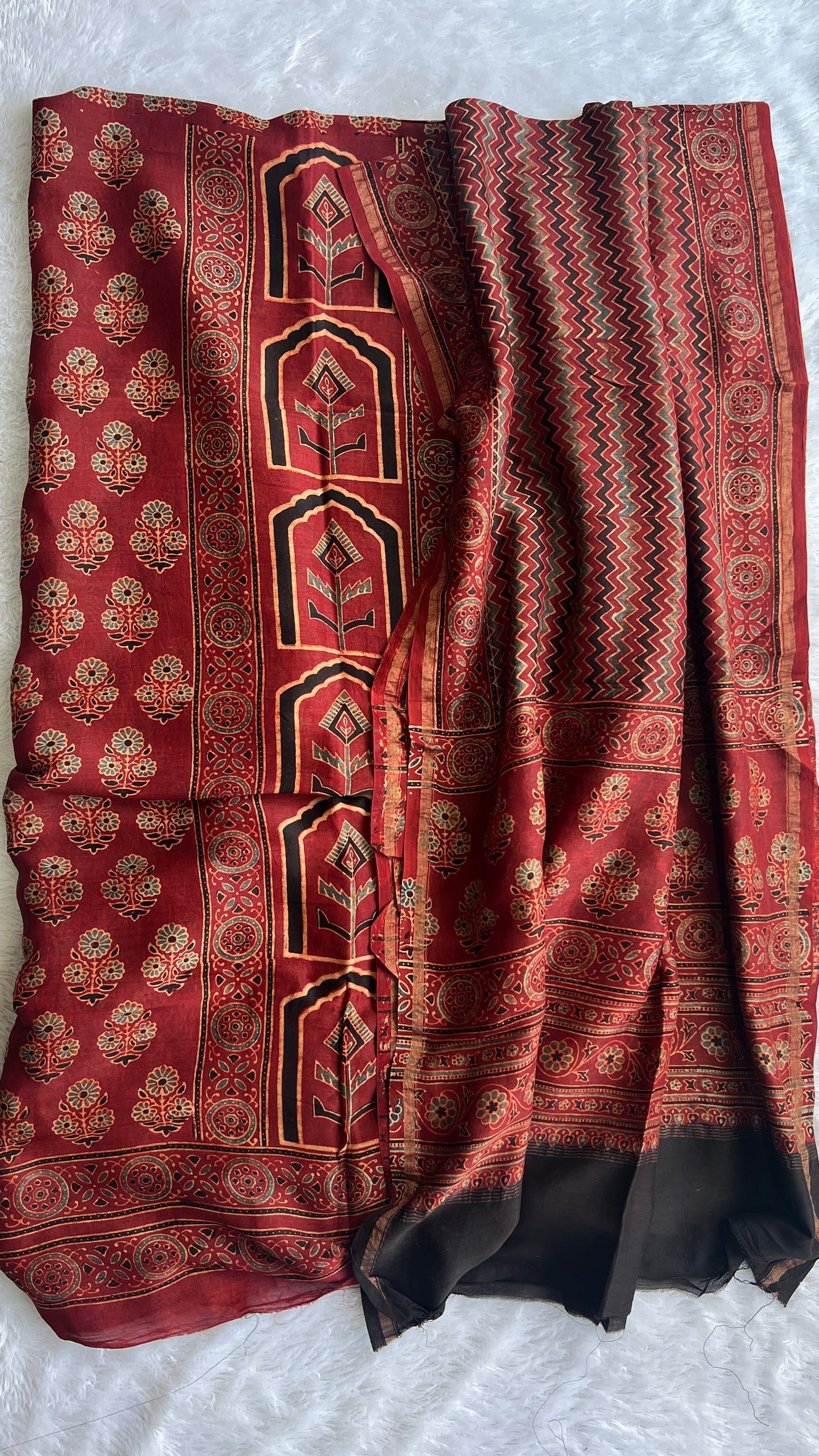 Maddar Red Chanderi Silk Suit Material with Ajrakh Hand Block Printing