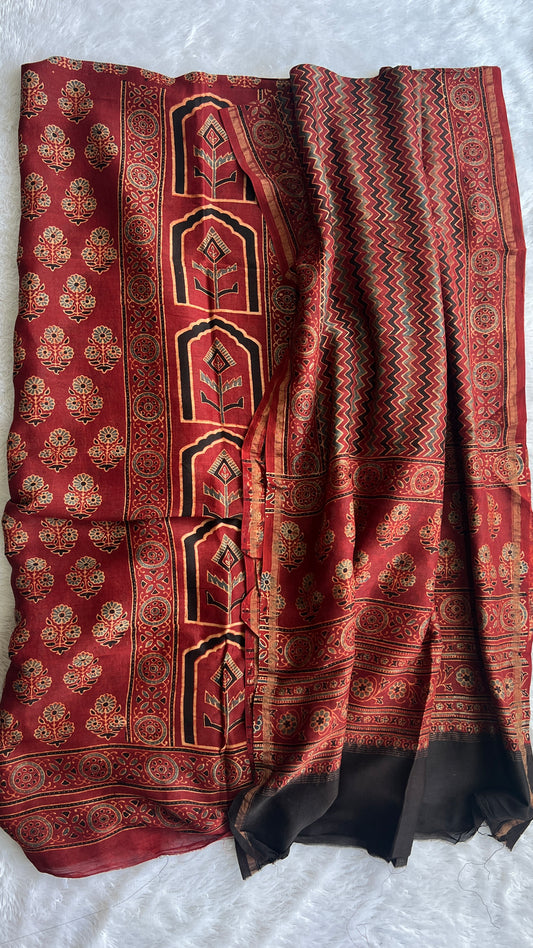 Maddar Red Chanderi Silk Suit Material with Ajrakh Hand Block Printing