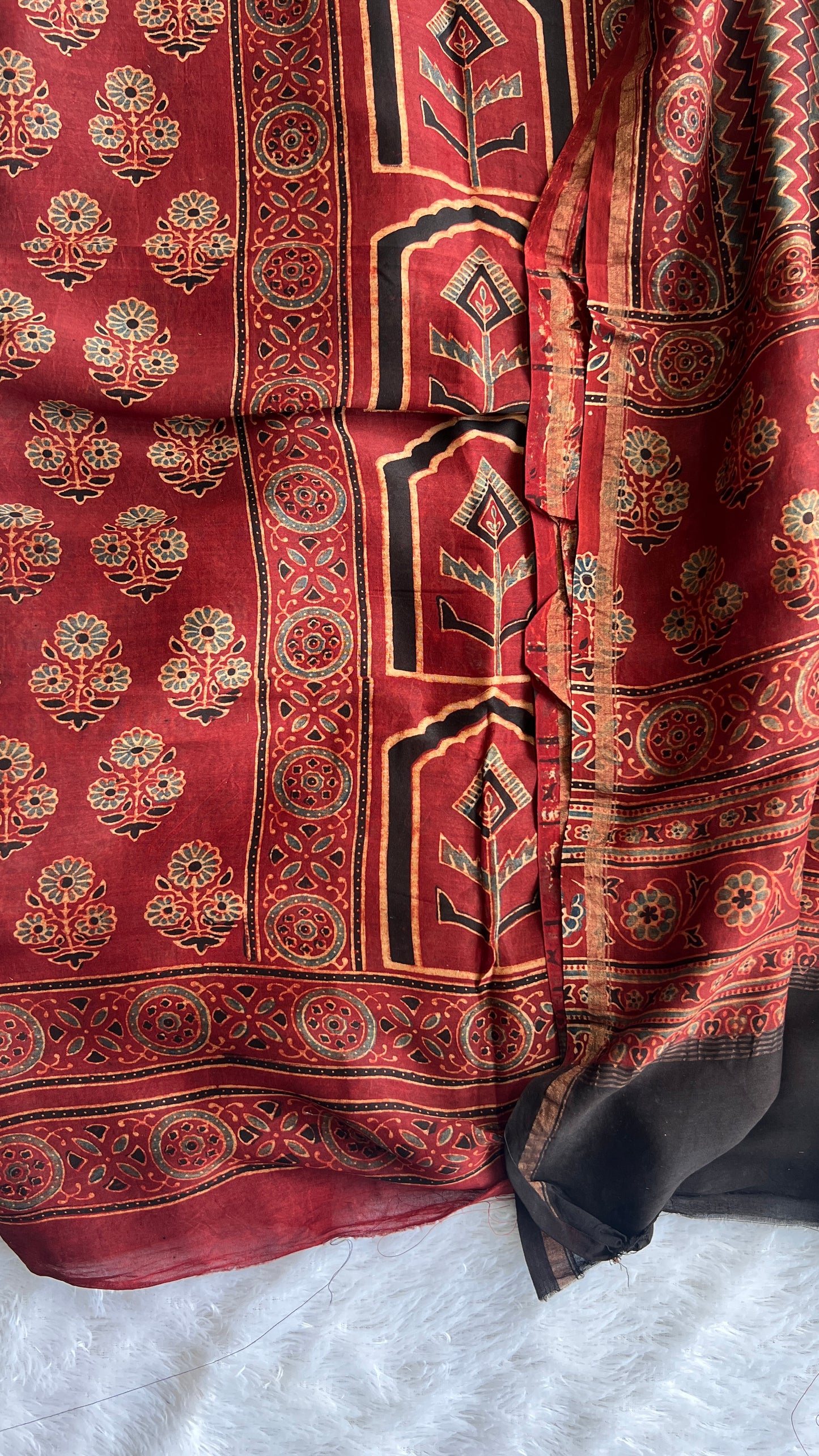 Maddar Red Chanderi Silk Suit Material with Ajrakh Hand Block Printing