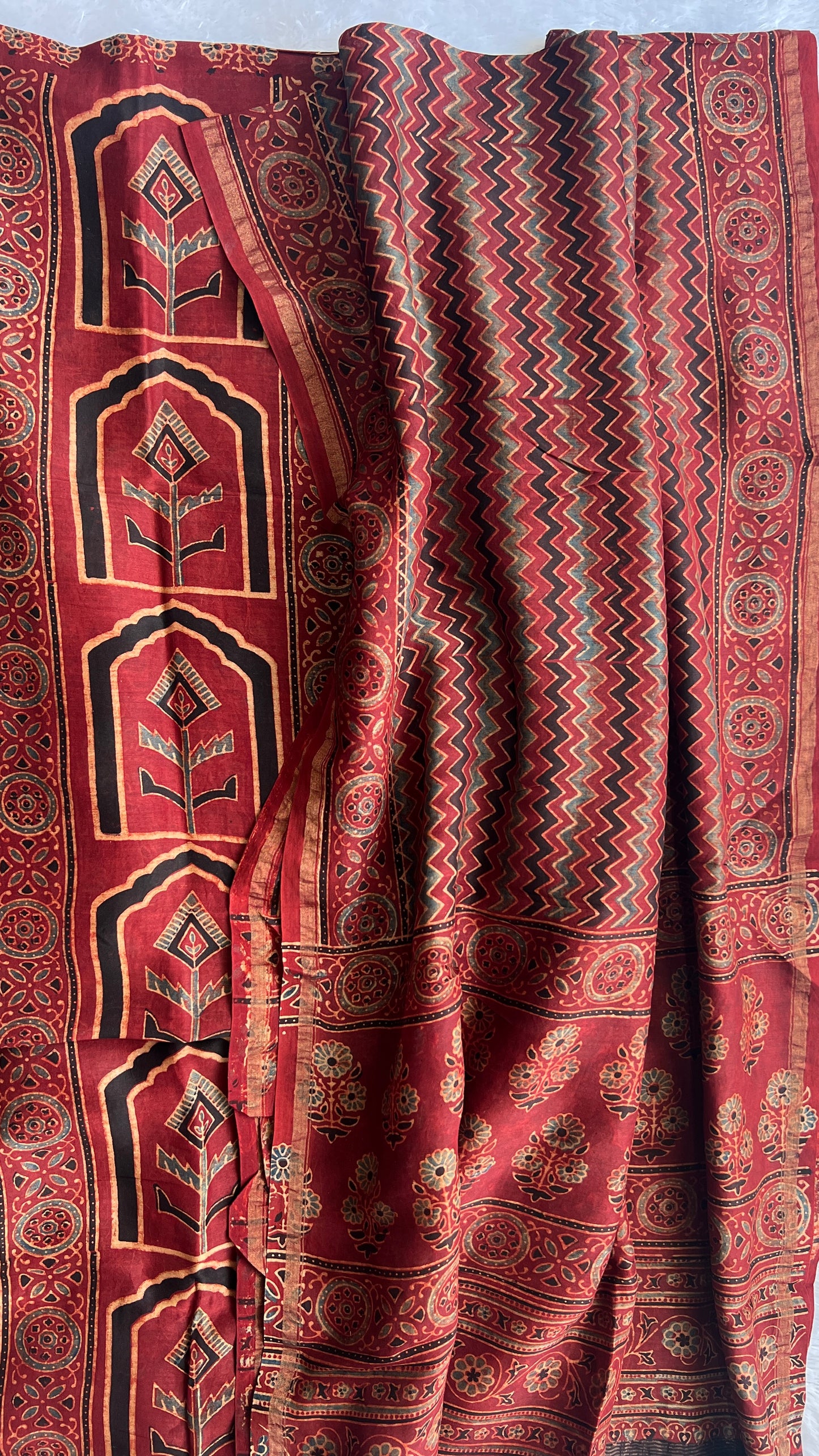 Maddar Red Chanderi Silk Suit Material with Ajrakh Hand Block Printing