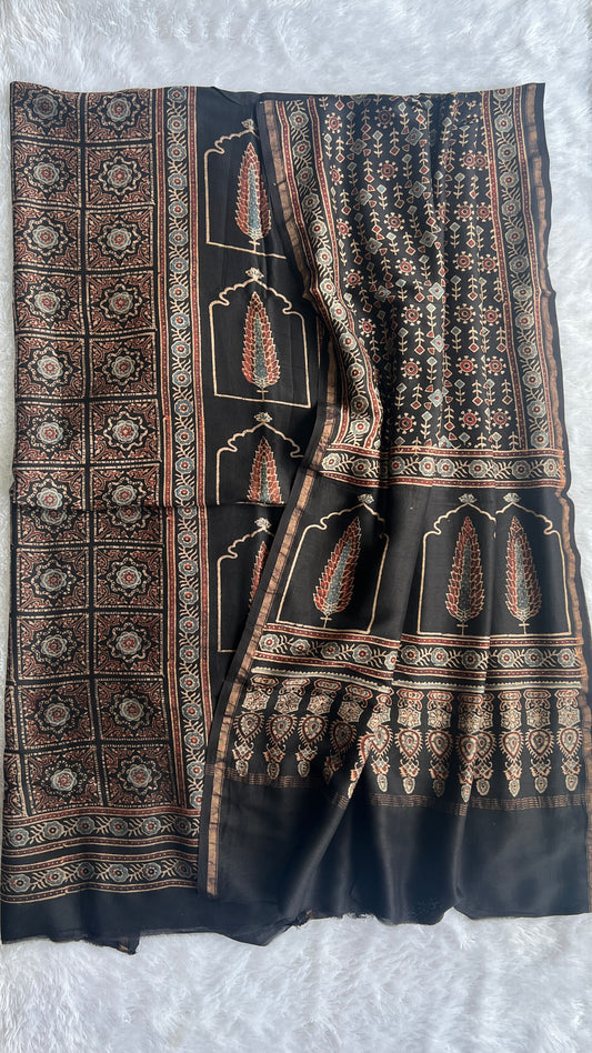 Black Asopallav Motif Ajrakh Hand Block Print Chanderi Silk Suit Material