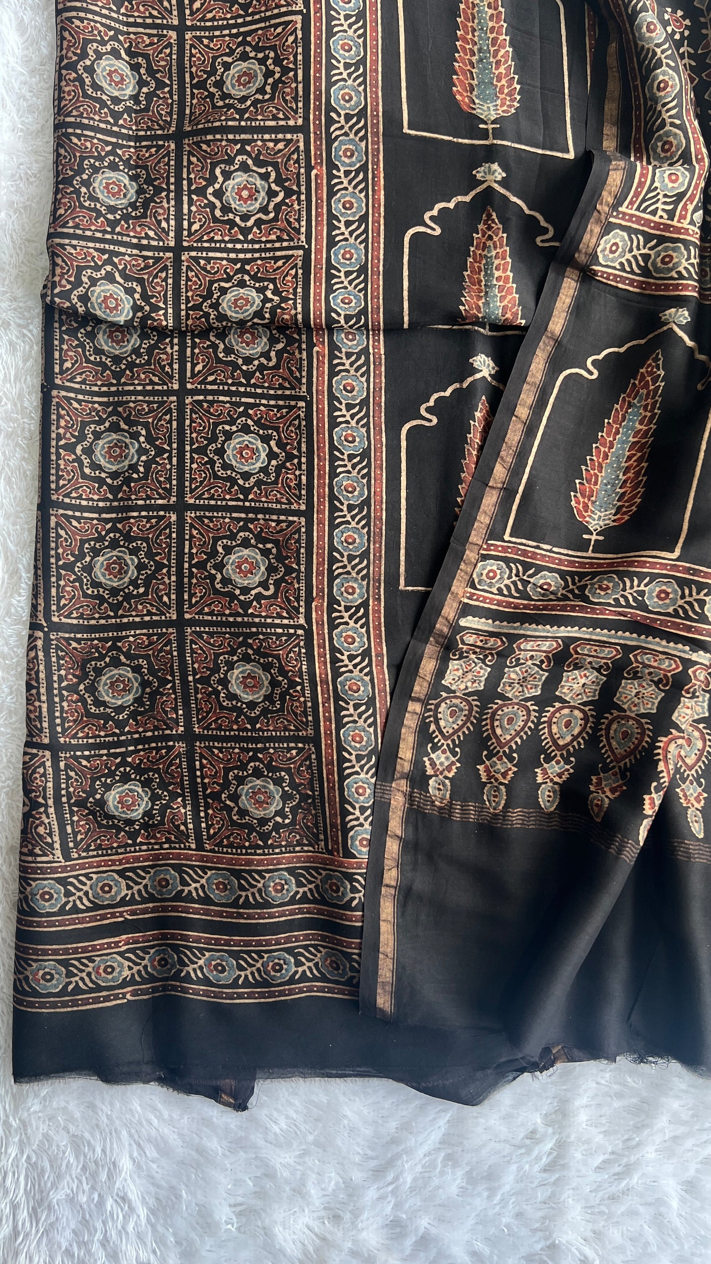 Maddar Red Asopallav Motif Chanderi Silk Cotton Ajrakh hand Block 2pc Suit Set