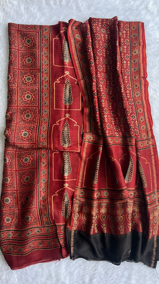Maddar Red Aspallav Motif Chanderi Silk Cotton Ajrakh hand Block 2pc Suit Set