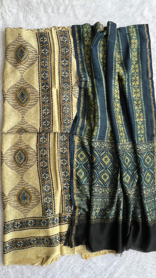 Off White and Indigo Dhaari Motif Chanderi Silk Cotton Ajrakh hand Block 2pc Suit Set