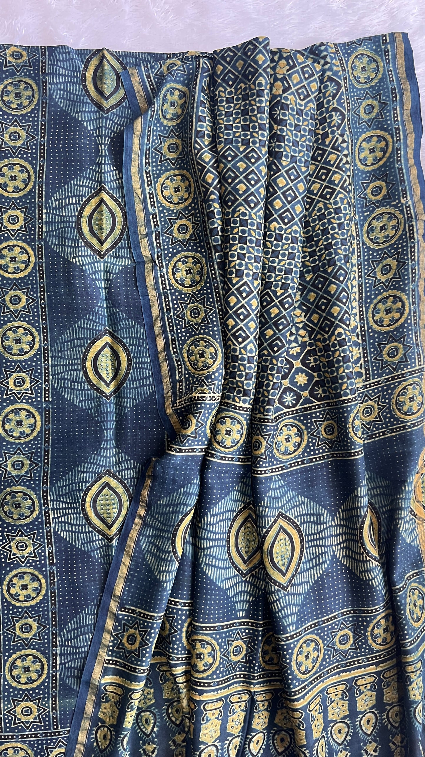 Indigo Intricate Boota Chanderi Silk Cotton Ajrakh hand Block 2pc Suit Set