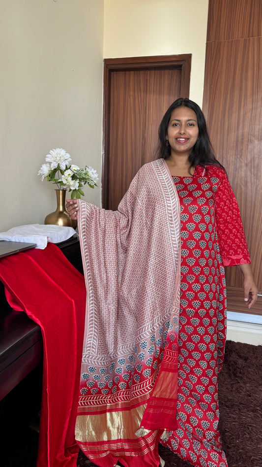 Red and Beige Chota Buta Motif Ajrakh Hand Block Print Modal Silk Suit Material with Lagdi Patti Dupatta