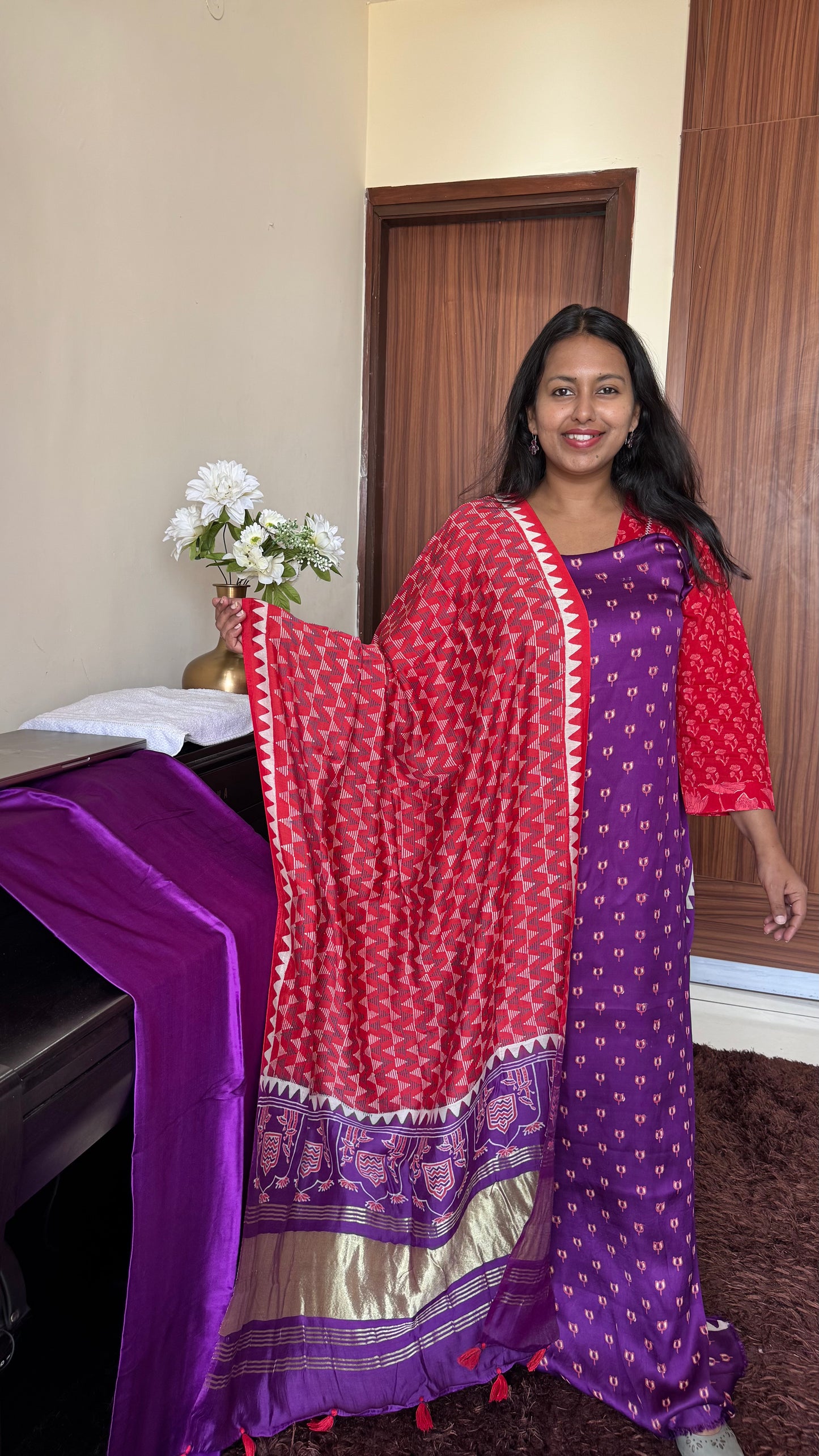 Purple and Red Kamal Buti Print 3 Pc Modal Silk Ajrakh Hand Block Suit Set with Modal Silk Lagdi Patti Dupatta
