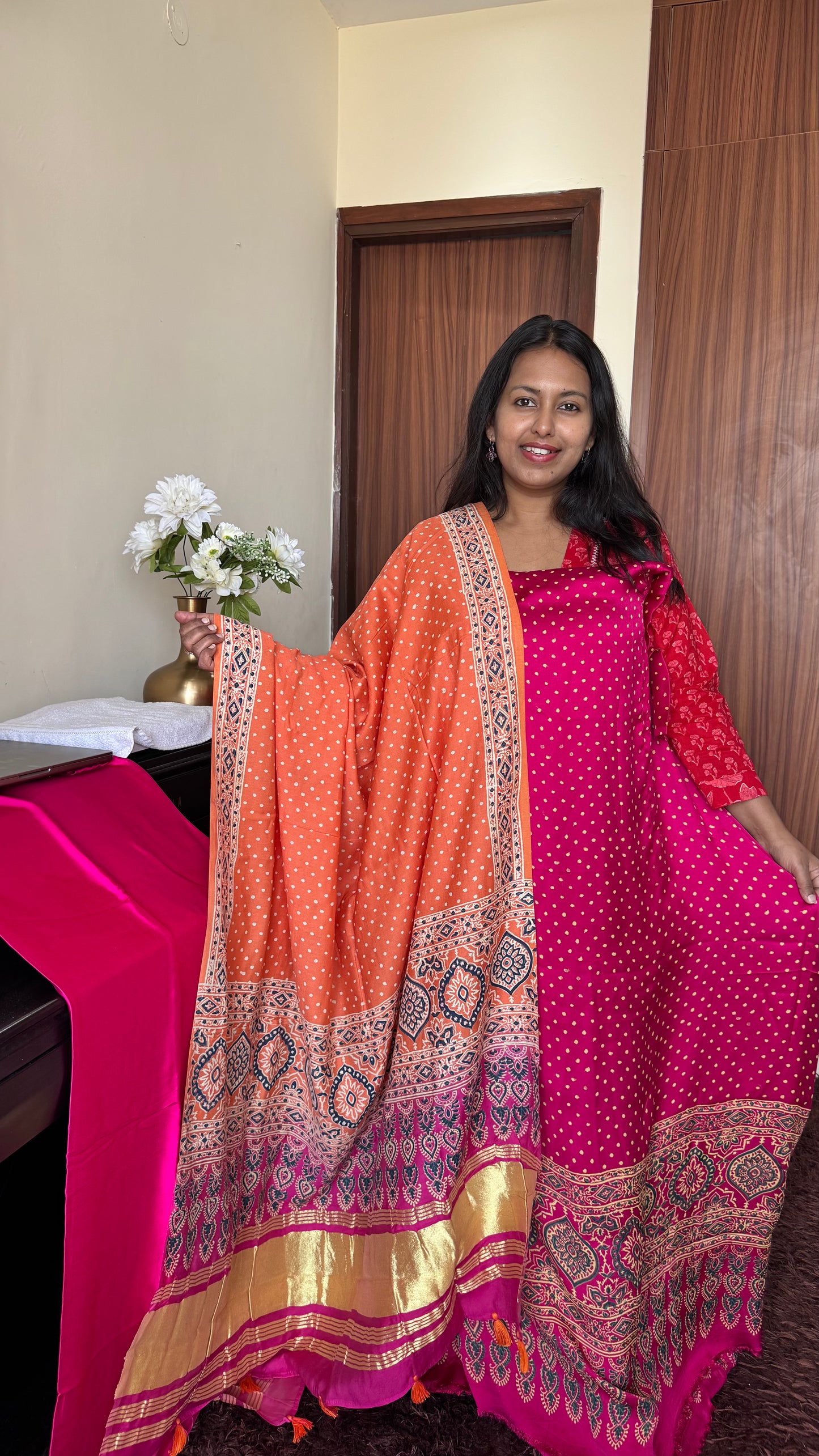 Pink and Orange Polka Motif Modal Silk 3 pc Suit Material Set with Modal Silk Lagdi Patti Dupatta