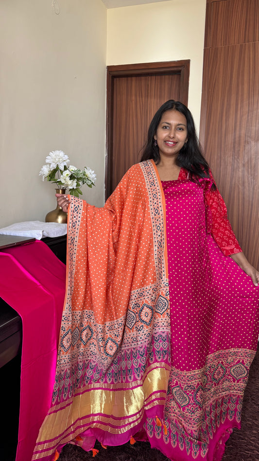 Pink and Orange Polka Motif Modal Silk 3 pc Suit Material Set with Modal Silk Lagdi Patti Dupatta