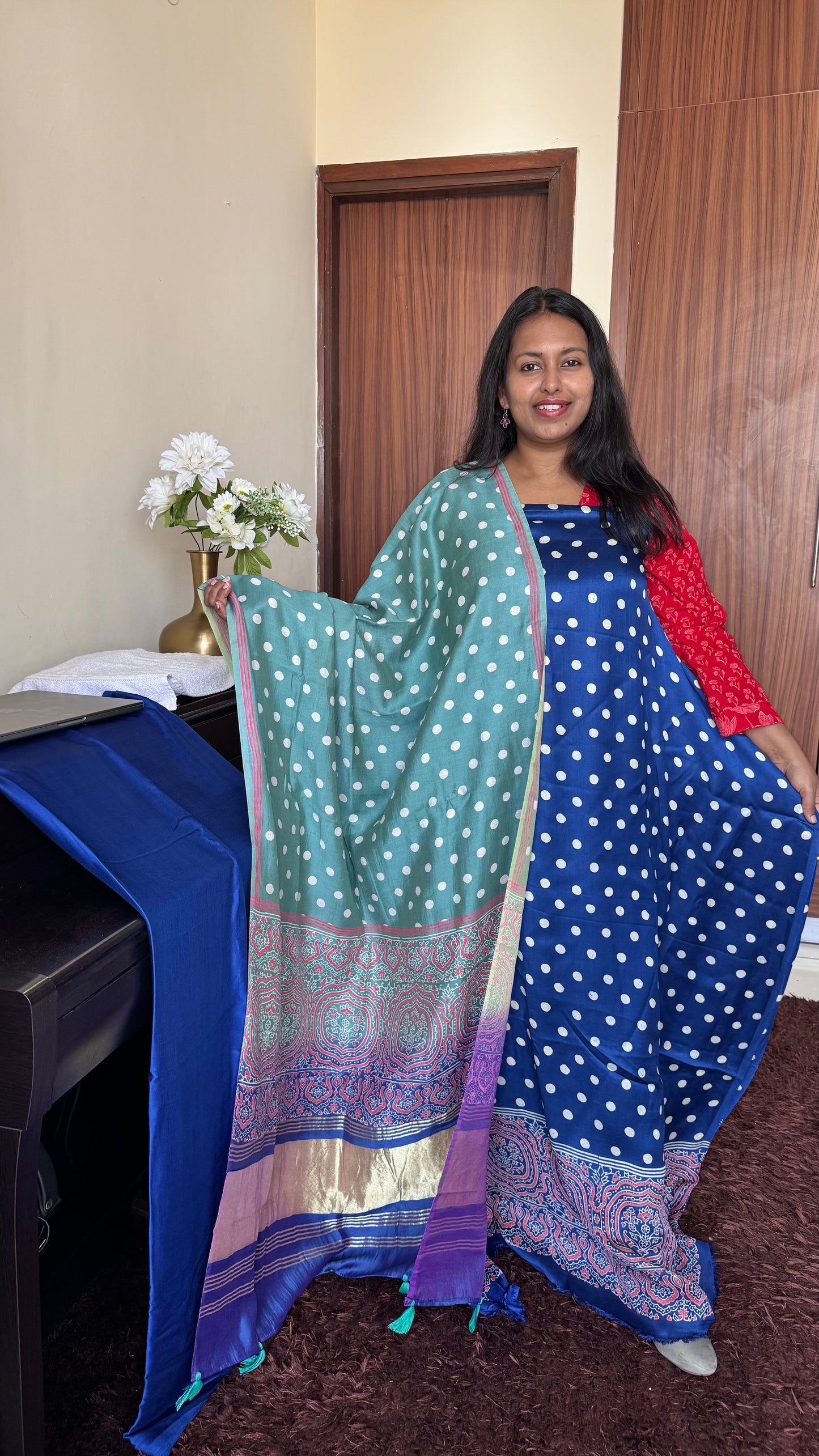 Blue and Sea Green Polka Buti Motif Modal Silk 3 pc Suit Material Set with Modal Silk Lagdi Patti Dupatta