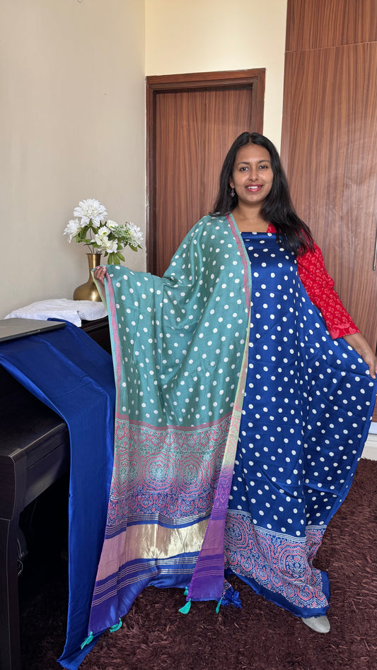 Blue and Sea Green Polka Buti Motif Modal Silk 3 pc Suit Material Set with Modal Silk Lagdi Patti Dupatta
