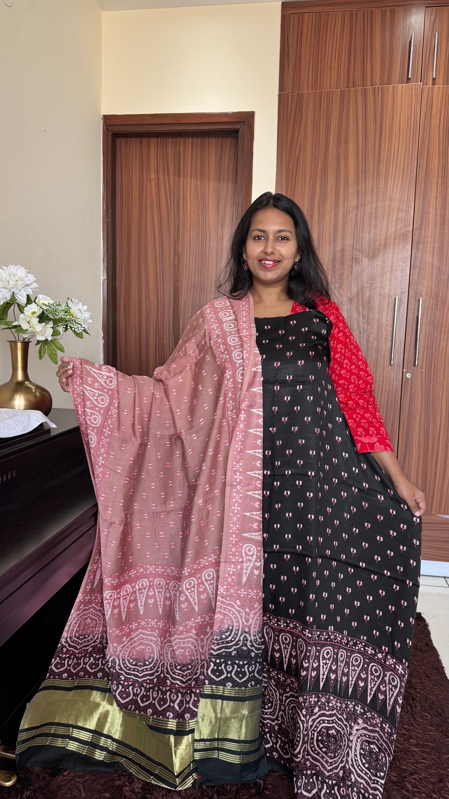 Black Kamal Buti Modal Silk 3 pc Suit Material Set with Modal Silk Lagdi Patti Dupatta