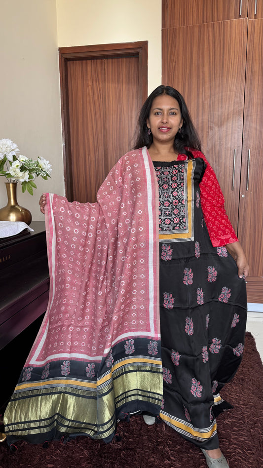 Black and Beige Buti Motif Modal Silk 3 pc Suit Material Set with Modal Silk Lagdi Patti Dupatta