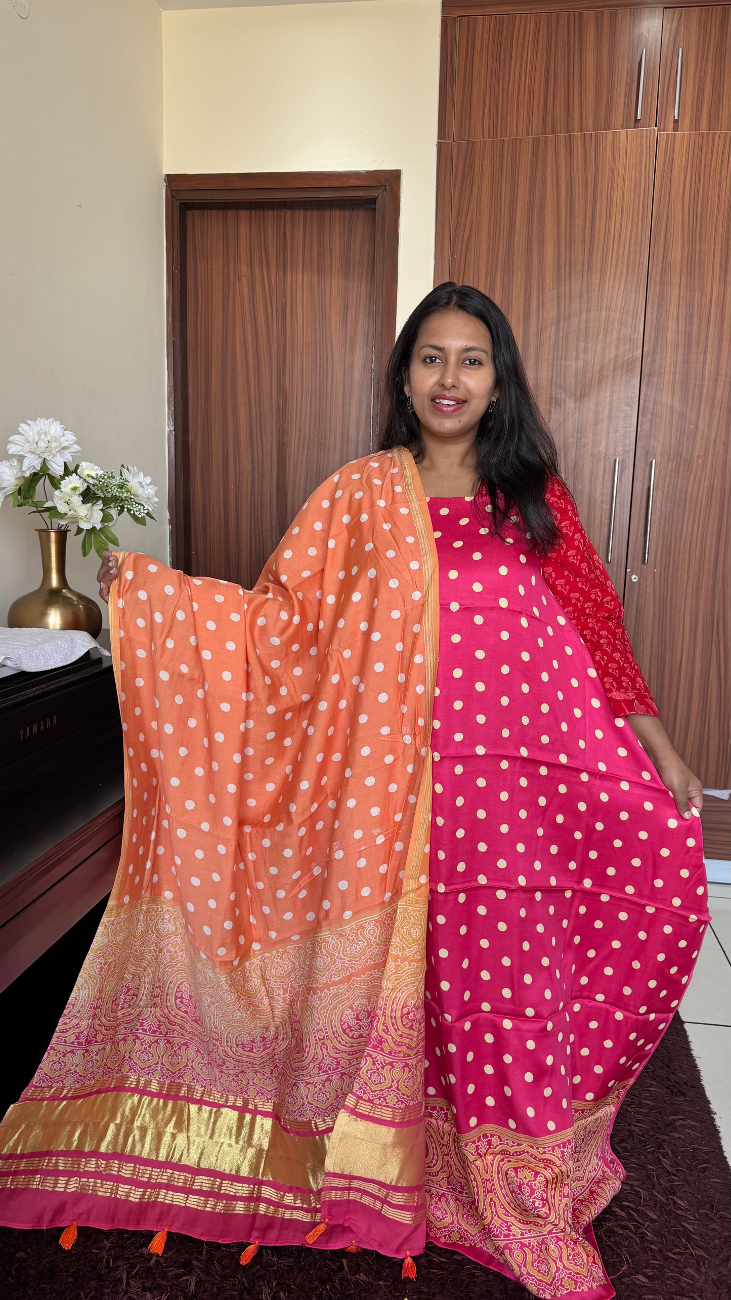 Hot Pink and Orange Polka Dotted 3 pc Suit Material Set with Modal Silk Lagdi Patti Dupatta