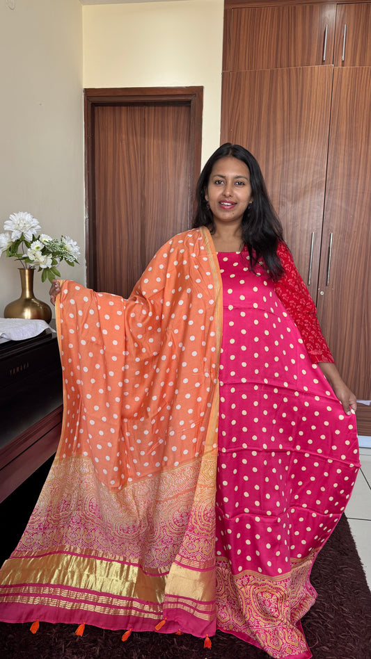 Hot Pink and Orange Polka Dotted 3 pc Suit Material Set with Modal Silk Lagdi Patti Dupatta