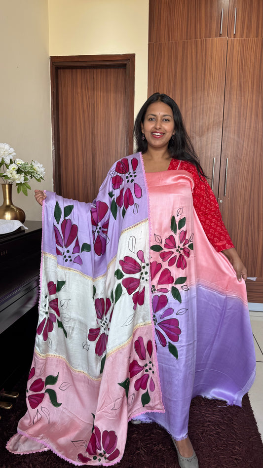 Ombre Shade Sadabahar Motif Hand Painted 2 Piece Suit Material with Modal Silk Dupatta