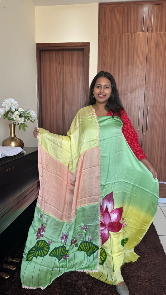Ombre Shade Flower Motif Hand Painted 2 Piece Suit Material with Modal Silk Dupatta