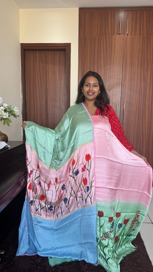Ombre Shade Tulip Motif Hand Painted 2 Piece Suit Material with Modal Silk Dupatta
