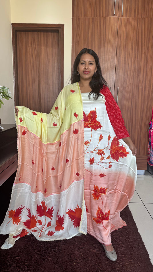 Ombre Shade Falling Leaf Motif Hand Painted 2 Piece Suit Material with Modal Silk Dupatta