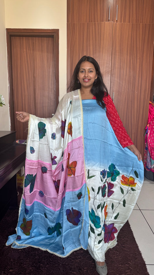 Ombre Shade Flower Jaal Motif Hand Painted 2 Piece Suit Material with Modal Silk Dupatta