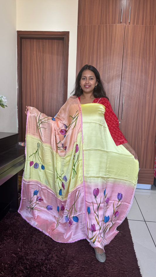 Ombre Shade Tulip Vine Motif Hand Painted 2 Piece Suit Material with Modal Silk Dupatta