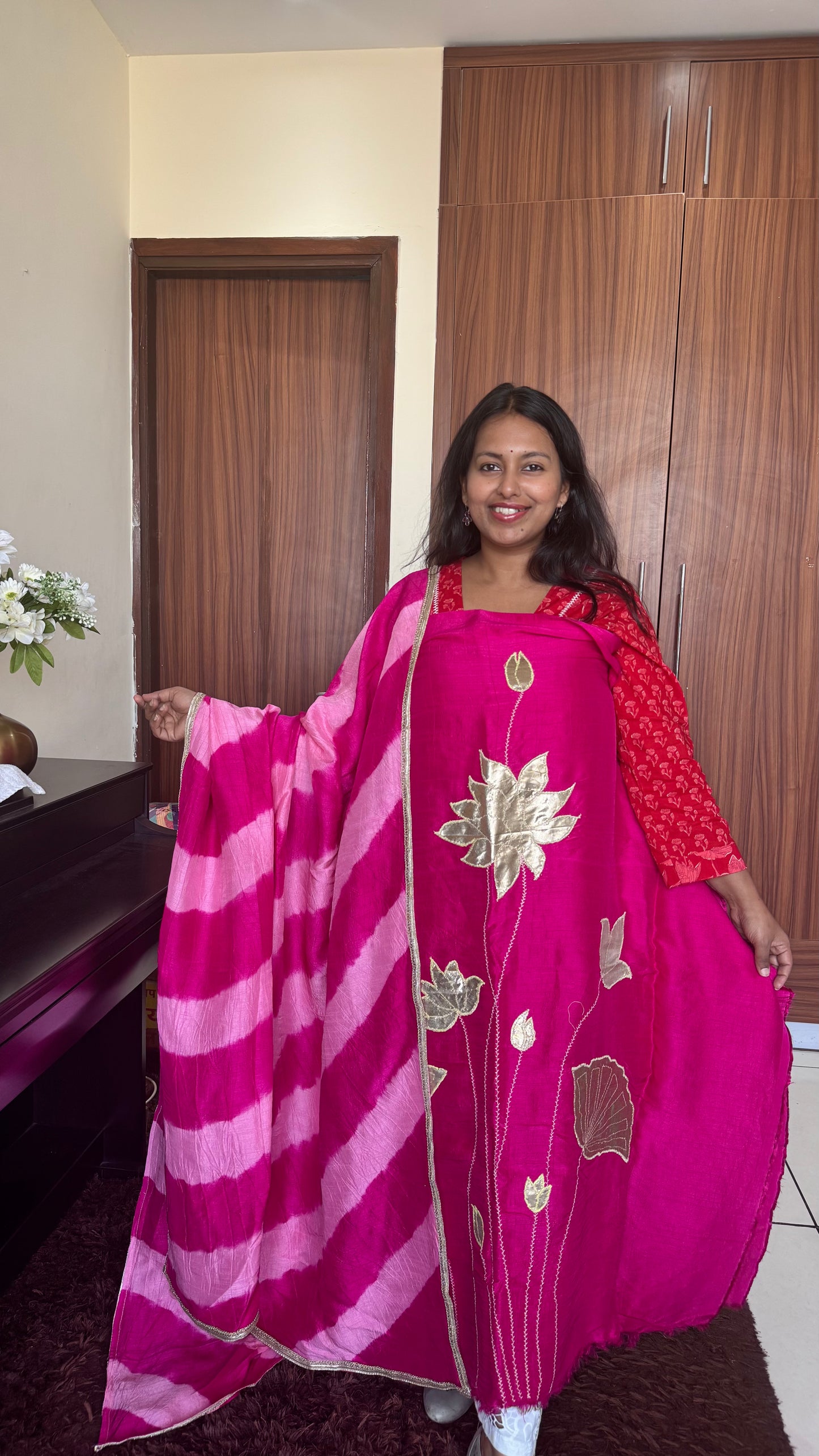 Rani Pink Applique Gota Patti Modal Silk 2 Piece Sui with Modal Silk Lehariya Dupatta