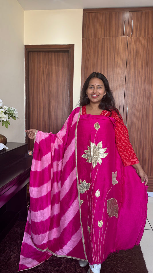 Rani Pink Applique Gota Patti Modal Silk 2 Piece Sui with Modal Silk Lehariya Dupatta
