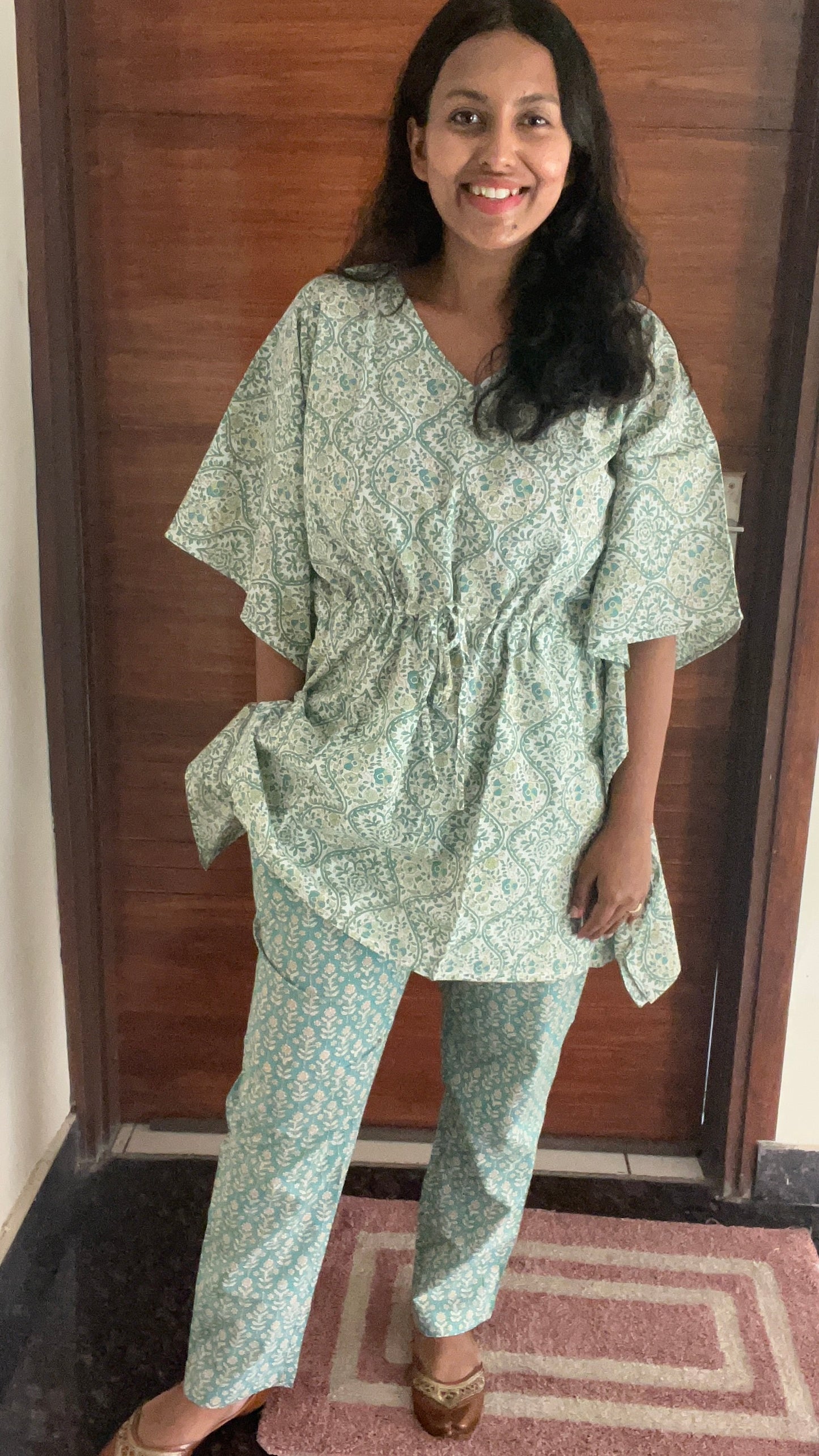 Green Jaal Motif Pure Cotton Kaftan & Lounge Pant Set