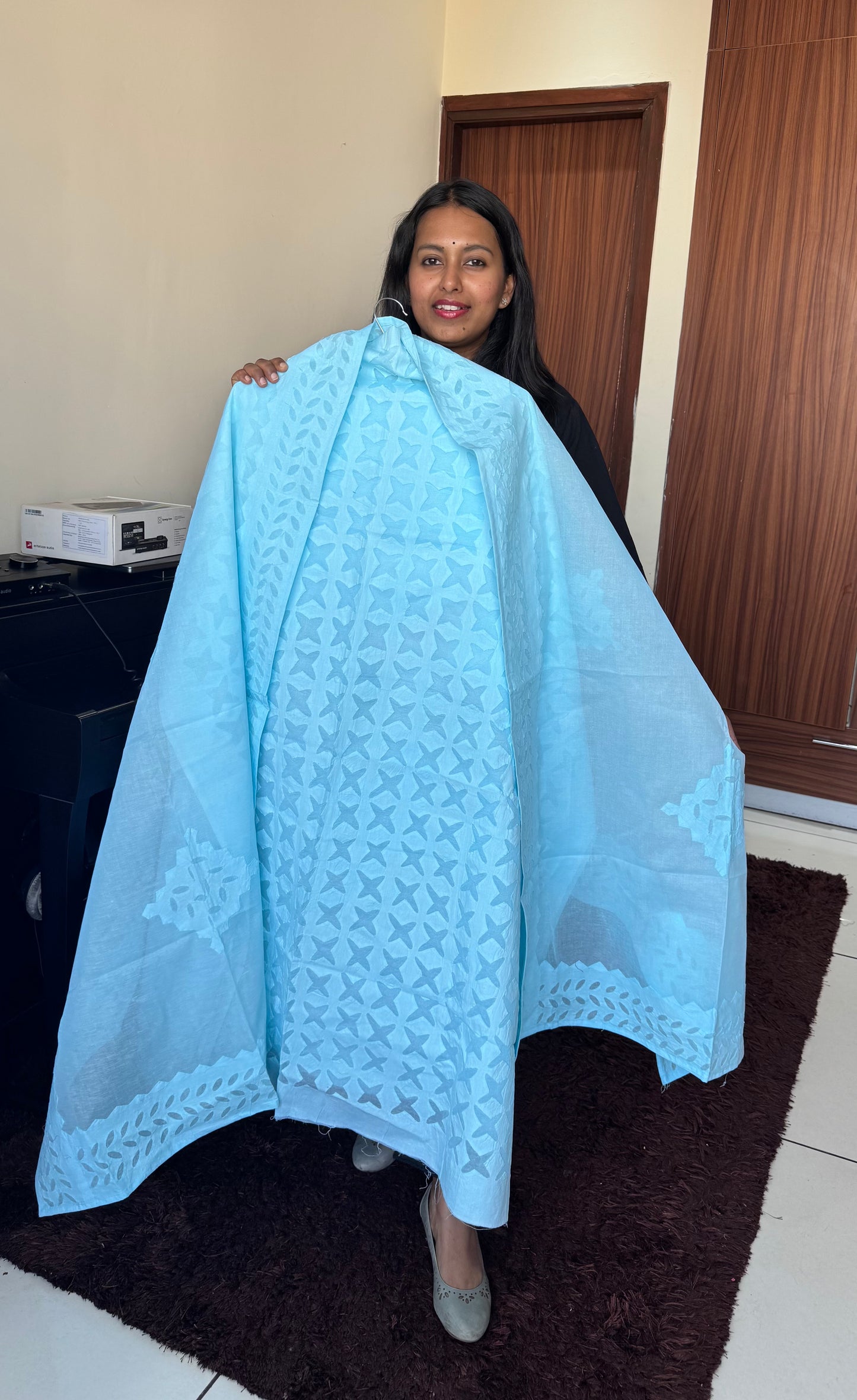 Sky Blue Barmer Applique Cut Work Cotton 3pc Suit Material Set
