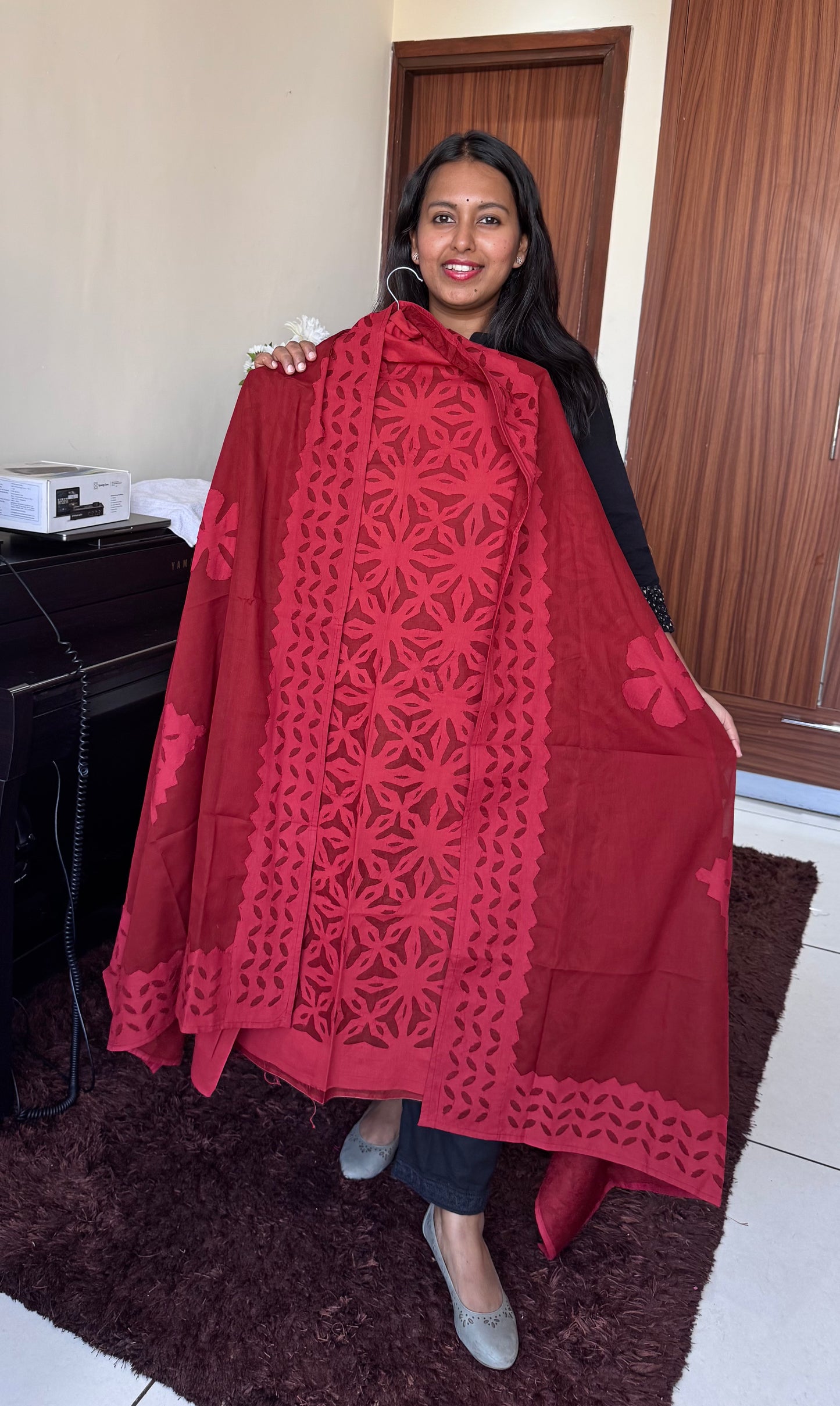 Magical Maroon Barmer Applique Cut Work Pure Cotton 3pc Suit Material Set