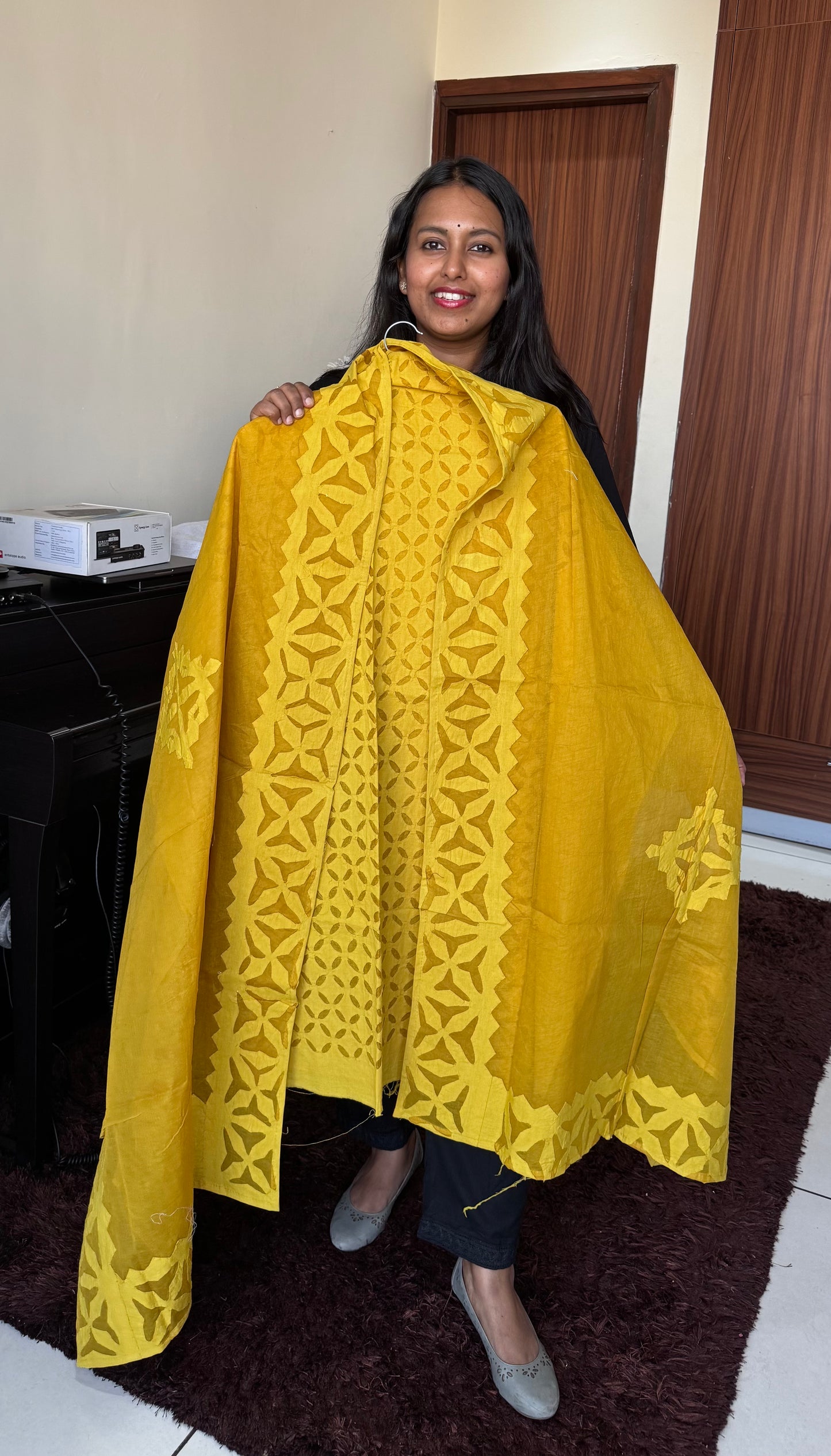 Haldi Shade Barmer Applique Cut Work Cotton 3pc Suit Material Set