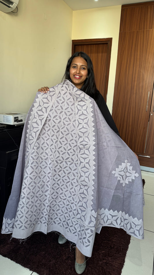English Blue Grey Shade Barmer Applique Cut Work Cotton 3pc Suit Material Set